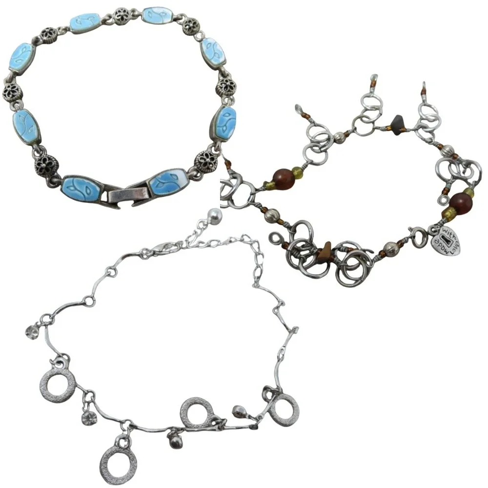Vintage Silvertone Metal Bracelets Charms‎ Stones Beads Lot of 3